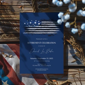Invito festa di pensionamento  blu navy e nero, template con testo modificabile