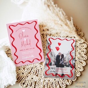 Invito Matrimonio in stile anni 70, con QR code e fotografia,  partecipazioni di nozze con cornice a onde, template da stampare