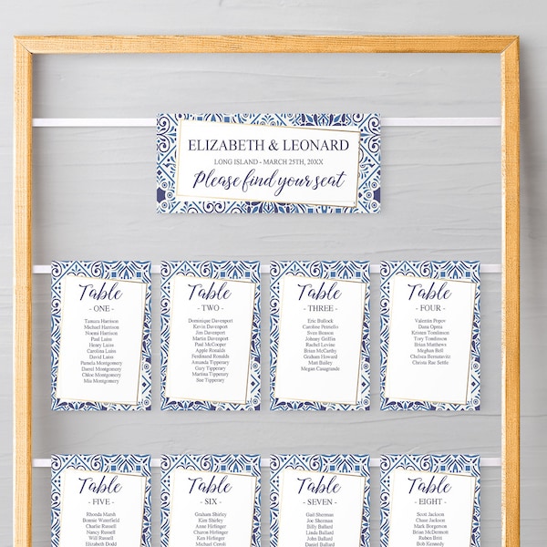 Blue Tiles Wedding Seating template, Saeting Chart Cards, Mediterranean tiles table cards template, tableau de marriage edit with Corjl