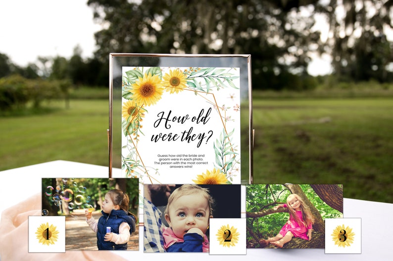 May include: A game for wedding guests to guess the ages of the bride and groom in three photos. The game features a sunflower theme with a gold geometric frame and the text "How old were they?"