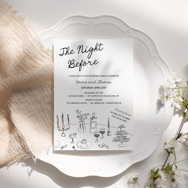 Rehearsal Dinner invitation template, Whimsical editable the night before invite, hand drawn scribble illustration, quirky handwritten AA059