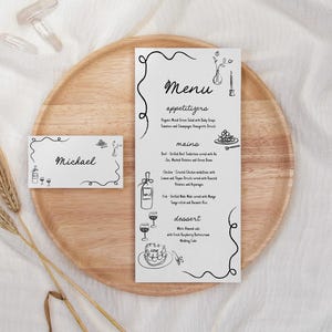 Menu per matrimonio, battesimo, compleanno con illustrazioni a mano libera, con posto tavola, da editare e stampare