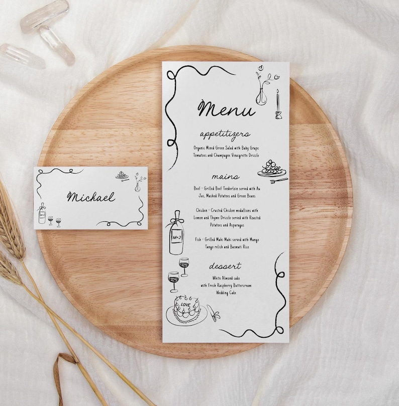Hand Illustrated menu with wavy frame, wine and food drawings. Handwritten whimsical style. Menu and matching place cards.