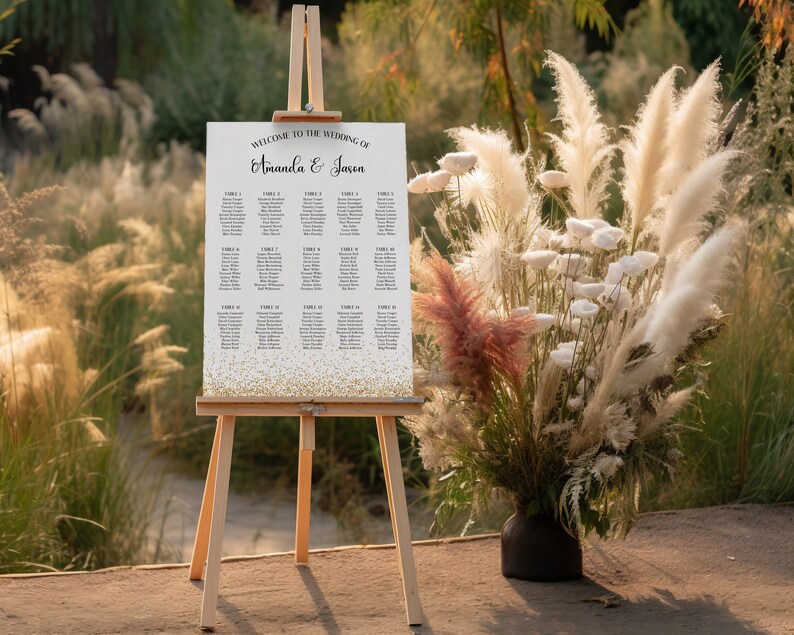Elegant Seating Chart Template, Wedding Seating sign poster, Gold glitterWedding Table Chart Poster Printable, Instant Download image 3
