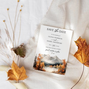 Save the Date nozze tema montagna, matrimonio in riva al lago, Annuncio matrimonio stile bohon template da stampare AA031