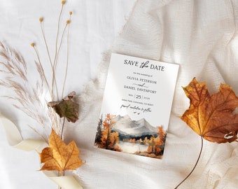 Mountain Fall Wedding save the date template, Lakeside forest invitation with photo on back, autumn wedding announcement AA031