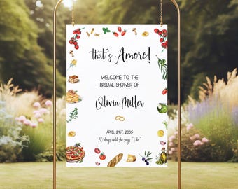 That's Amore Bridal Shower Welcome sign template featuring Italian pizza and pasta party decor, editable template AA086