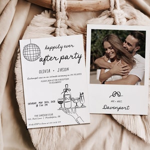Invito matrimonio in stile anni 70 con fiocco disegnato a mano, colori editabili, template da stampare, fotografia sul retro, AA045
