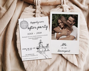 Happily Ever After Party, Elopement Announcement, Reception Invitation, Hand drawn Disco drinks Wedding Elopment Invitation AA059