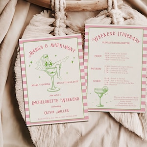 Addio al nubilato invito weekend con programma, stile retro illustrato a mano, cocktails tra amiche, template modificabile aa076