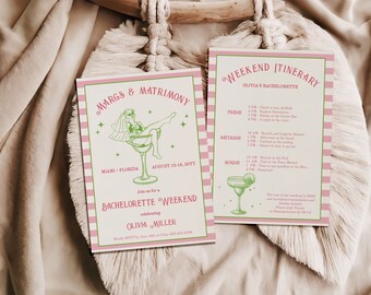 Margarita Bachelorette Party Invitation and Itinerary Template, Margs and Matrimony Bachelorette Weekend Invite, Retro Fiesta editable AA076