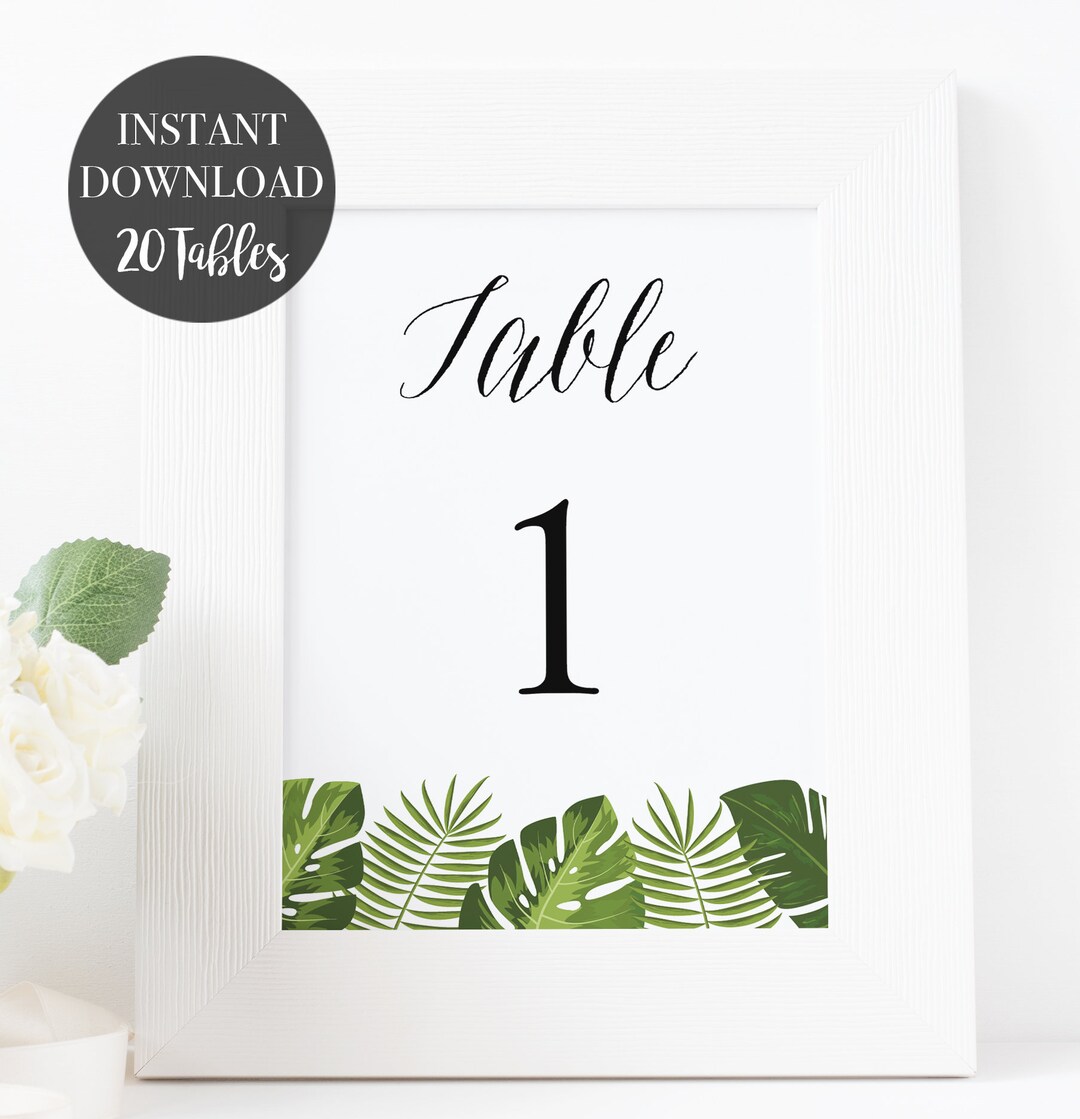 Tropical Table Number Printable for Wedding and Party, Green Leaves ...