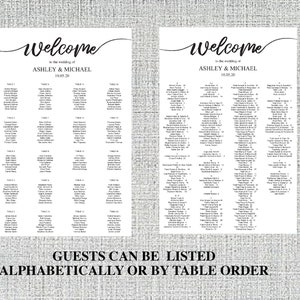 May include: A black and white wedding seating chart with the text "Welcome to the wedding of Ashley & Michael 10.05.20" at the top. The chart lists guests by table number.