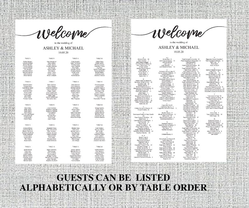 May include: A black and white wedding seating chart with the text "Welcome to the wedding of Ashley & Michael 10.05.20" at the top. The chart lists guests by table number.