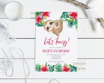 Sloth Girl Birthday Party invitation printable, cute sloth editable birthday invitation template, Instant Download Sloth invitation PDF