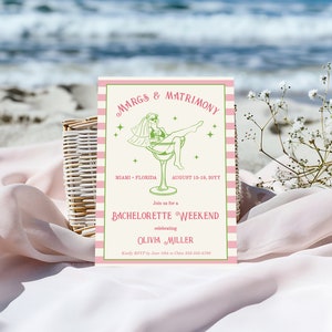 May include: A pink and white striped invitation with green text for a bachelorette weekend in Miami, Florida. The invitation features a cartoon illustration of a woman in a swimsuit and veil sitting in a margarita glass. The text reads "Margs & Matrimony", "Miami, Florida", "August 15-18, 20YY", "Join us for a Bachelorette Weekend", "Celebrating Olivia Miller", and "Kindly RSVP by June 10th to Olivia at 223.555.6789".