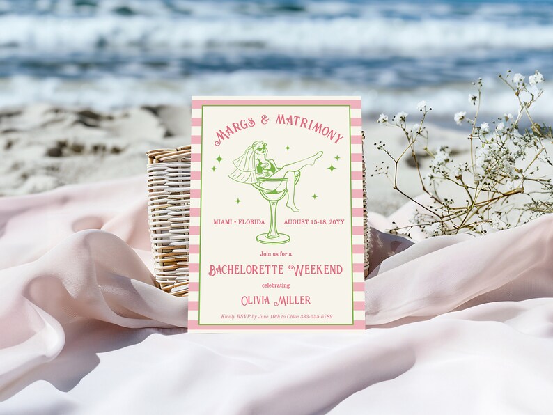 May include: A pink and white striped invitation with green text for a bachelorette weekend in Miami, Florida. The invitation features a cartoon illustration of a woman in a swimsuit and veil sitting in a margarita glass. The text reads "Margs & Matrimony", "Miami, Florida", "August 15-18, 20YY", "Join us for a Bachelorette Weekend", "Celebrating Olivia Miller", and "Kindly RSVP by June 10th to Olivia at 223.555.6789".