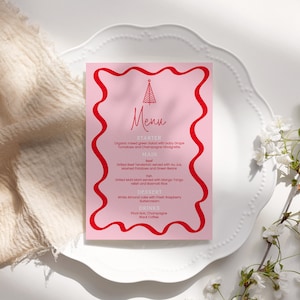 Christmas Menu template, retro 70s wavy border holiday dinner menu card, editable menu for christmas dinner, printable, colors editable