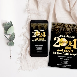 Invito Festa di Capodanno Dico Party da stampare, invito editabile con palla disco oro e glitter, capodanno 2022 2023