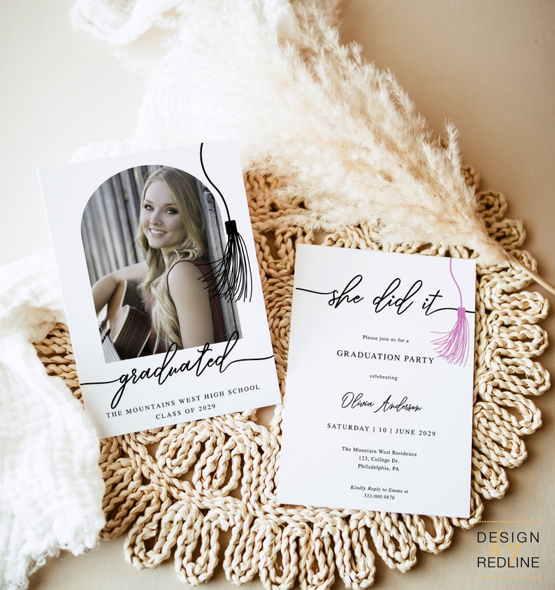 May include: A graduation party invitation with a pink tassel and the text "she did it" in black script. The invitation is for Olivia Anderson's graduation party on June 10, 2029.