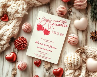 Little sweetie Girl Baby Shower Invitation template, valentine baby invite, hand drawn cherries, red bow AA105