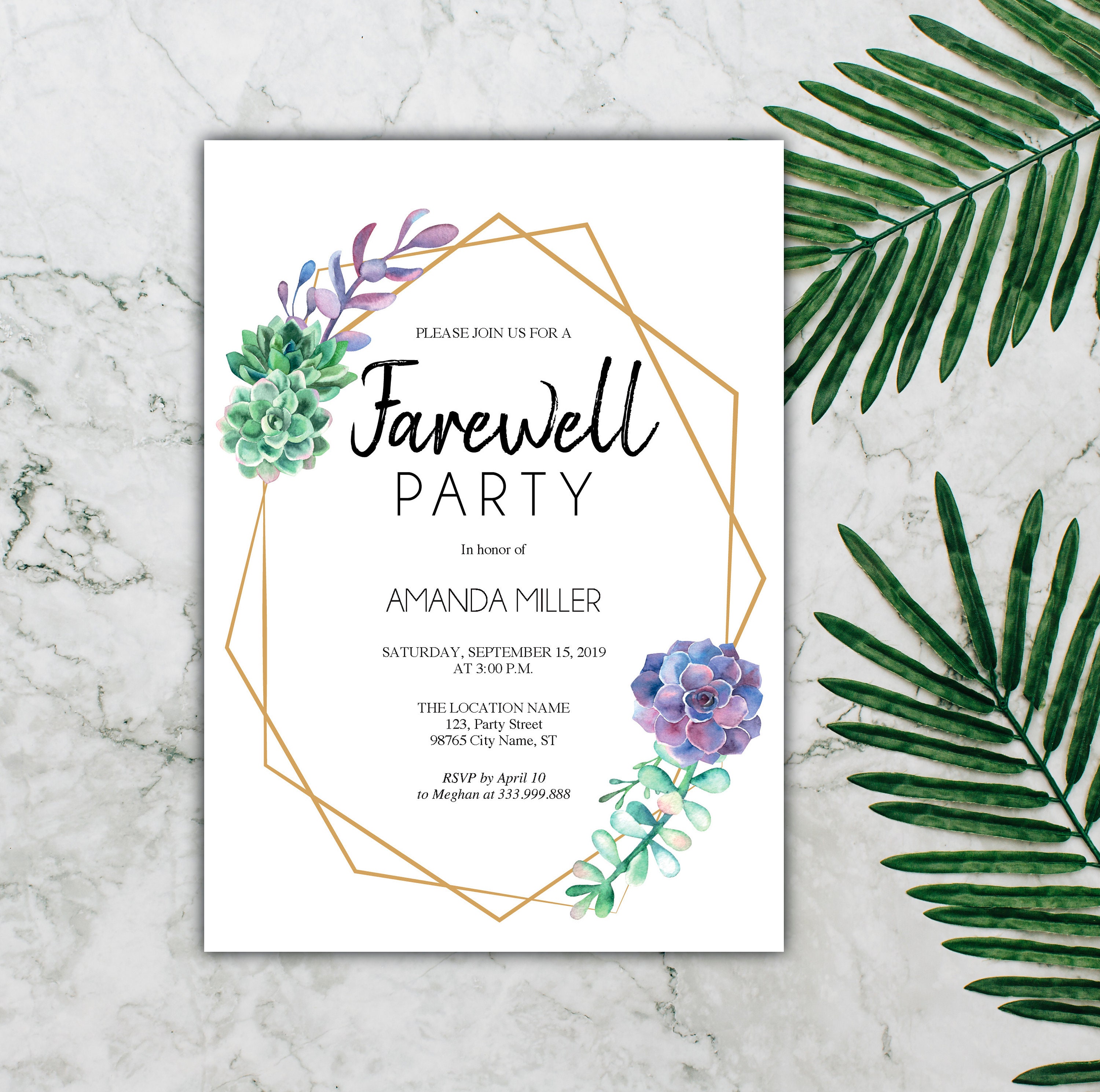 farewell-party-template-card-purple-succulents-and-gold-geometric