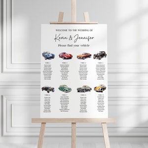 Vintage Cars Wedding seating chart template, Watercolor vehicles tableau de marriage, table cards, automotive themed, instant download AA061