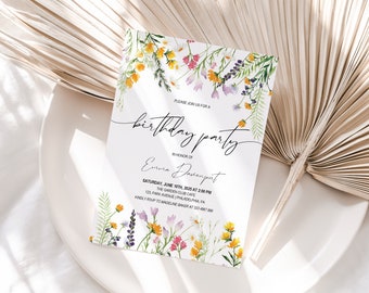 Wildflowers Birthday Party template, Spring Floral birthday invite printable, summer blossom meadows | Digital Download edit with Corjl