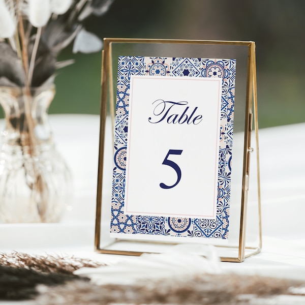 Dusk Pink and Blue Tiles Table Numbers printable, 1-20 table cards with number digital download