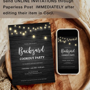 May include: A black and white digital invitation with a rustic wood background and string lights. The invitation reads "Backyard Cookout Party" to celebrate Michael's birthday. The party is on Saturday, July 10th at 6:00 pm at The Miller House, 123 River Rd, Philadelphia, PA. Kindly RSVP by July 1st to Emma at 333 456 7890.