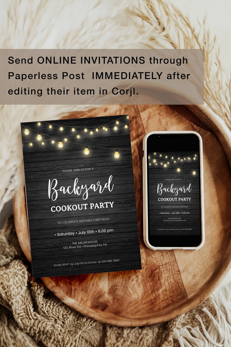 May include: A black and white digital invitation with a rustic wood background and string lights. The invitation reads "Backyard Cookout Party" to celebrate Michael's birthday. The party is on Saturday, July 10th at 6:00 pm at The Miller House, 123 River Rd, Philadelphia, PA. Kindly RSVP by July 1st to Emma at 333 456 7890.