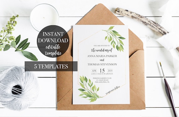 Partecipazioni Di Matrimonio Template Foglie Verdi E Etsy