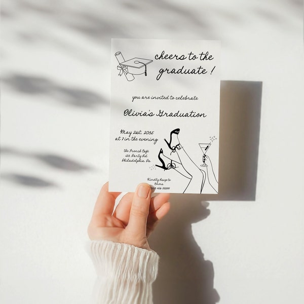 Trendy Graduation Party invitation template, fancy heels and cocktatil theme, retro hand drawn invite  AA059