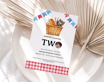 Picnic 2nd Birthday Invitation, turning 2 photo Birthday Invite template, Editable Birthday Party Invitation printable