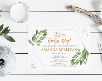 Greenery Baby Shower Invitation printable, baby boy or baby girl gender reveal template, gold geometric invite, Instant download PDF