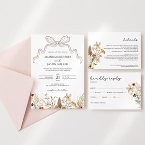 Wild bloom floral Wedding invitation set template download, Elegant Wedding Invitation Suite, hand drawn bow, instant download Corjl AA048 image 1