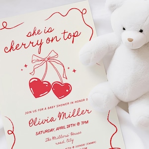Invito Baby Shower con ciliege disegnate a mano a mano, cherry on top template da editare e stampare aa105