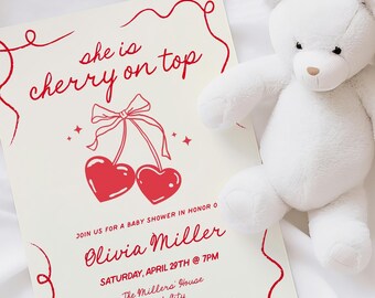 Cherry on top Baby Shower Invitation template, pink and red coquette baby invite, hand drawn cherries, red bow AA105