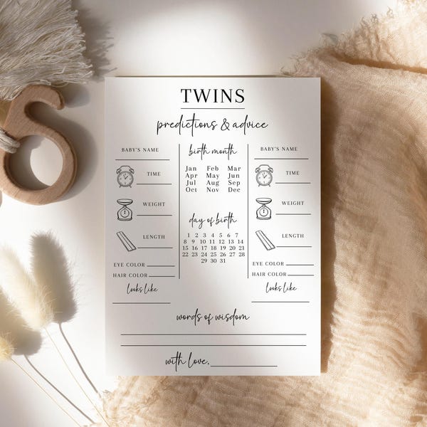 Baby Shower Twin Prediction and Advice Card Template, Personalized Minimalist Calligraphy, Classic Baby twins Prediction, Editable Instant