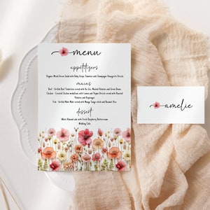 Menu e segnaposto per matrimonio, battesimo, compleanno fiori di campo, ideale serate estive, matrimoni estici da editare e stampare AA072