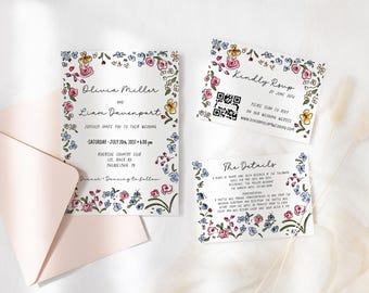 Floral Wedding Suite Template, Hand Drawn Scribble Illustrations, Handwritten, wild flowers, RSVP qr code, editable template AA069