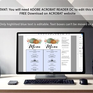 May include: A computer screen displaying a printable Thanksgiving menu template with a watercolour illustration of pumpkins and autumn leaves. The text "Menu" is written in a decorative font. The text "IMPORTANT: You will need ADOBE ACROBAT READER DC to edit this template FREE Download on ACROBAT website" is displayed at the top of the screen.
