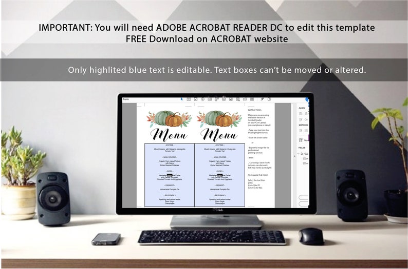 May include: A computer screen displaying a printable Thanksgiving menu template with a watercolour illustration of pumpkins and autumn leaves. The text "Menu" is written in a decorative font. The text "IMPORTANT: You will need ADOBE ACROBAT READER DC to edit this template FREE Download on ACROBAT website" is displayed at the top of the screen.
