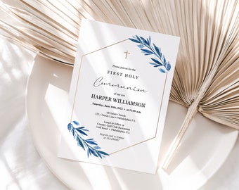 Blue Gold First Communion Invitation template, Navy Blue foliage Communion invite printable, Blue leaves Editable Digital Download PDF