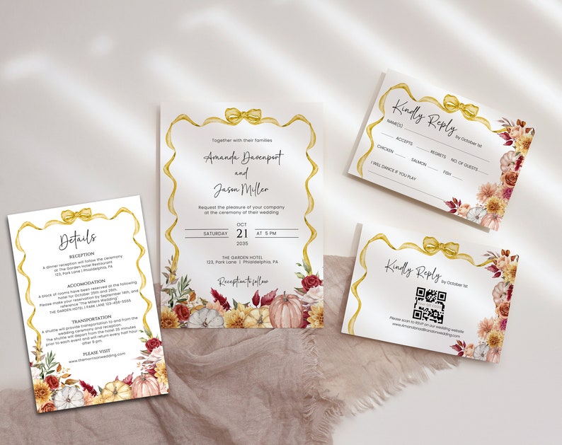 May include: Fall wedding invitation suite with a watercolor design featuring pumpkins, leaves, and flowers in shades of red, orange, yellow, and white. The invitation includes details about the ceremony and reception, as well as a RSVP card with a QR code.