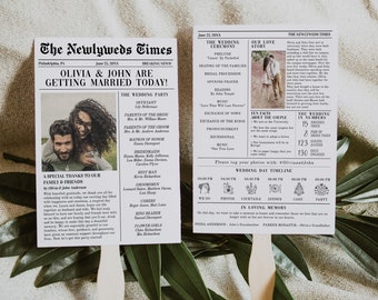 May include: A newspaper-style wedding announcement for Olivia and John. The announcement includes details about the wedding ceremony, reception, and the wedding party. The announcement also includes a photo of the couple.