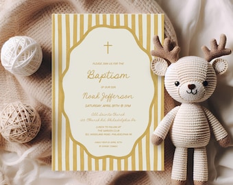 Baptism Invitation, Neutral colors stripes with fancy wavy frame, no gender Christening invite printable AA129