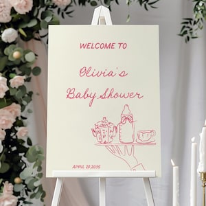 Benvenuti Baby Shower con teiera e biberon disegnati a mano, template da editare e stampare aa059