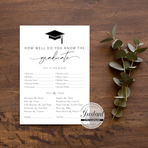 Graduation Party Game, who knows the graduate best, how well you know the graduate, simple, calligraphy, instant download and print PDF