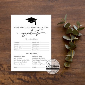 Graduation Party Game, who knows the graduate best, how well you know the graduate, simple, calligraphy, instant download and print PDF